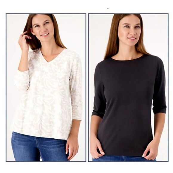 Set of 2 Denim & Co. Essentials Favorite Jersey Knit Tops Beige Black XS A565674 - Picture 1 of 4